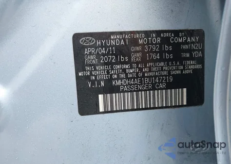 2011 Hyundai Elantra Gls Pzev from USA, damaged, VIN KMHDH4AE1BU147219